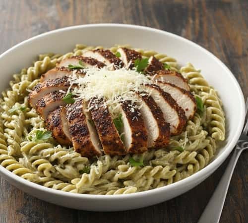 1. Blackened Chicken Alfredo with Edamame Noodles