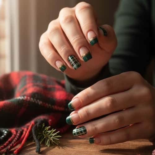 1. Deep Forest Green Plaid Tips