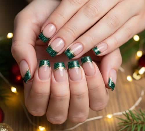 1. Emerald Glitter French Tips