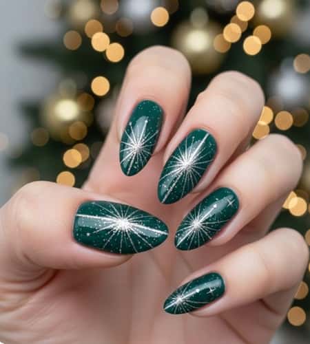 10. Dark Green Nails with Silver Starbursts