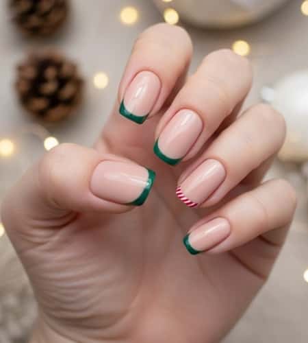 10. Green French Nails with Candy Cane Cuffs