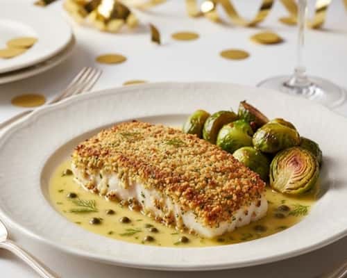 11. Dijon and Herb-Crusted Halibut with Lemon Caper Butter