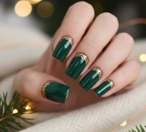 11. Evergreen Nails with Glitter Cuticle Arcs