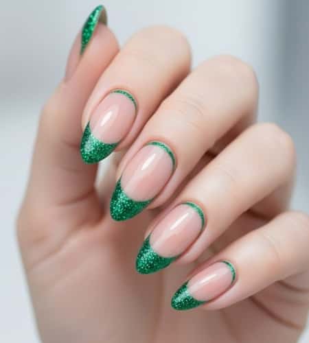 11. Green Glitter Reverse French Nails