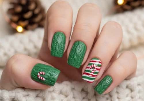 11. Green Sweater Nails with Candy Cane Accents