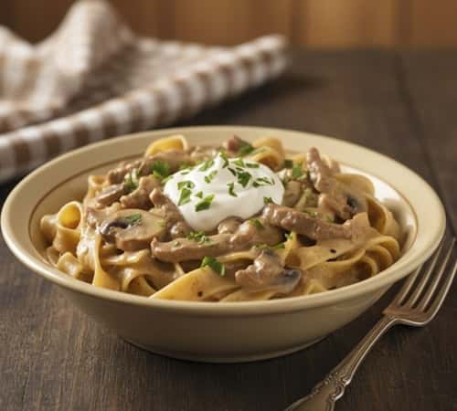 12. Beef and Mushroom Stroganoff with Lentil Egg Noodles