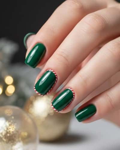 12. Emerald Green Nails with Floating Candy Cane Lines