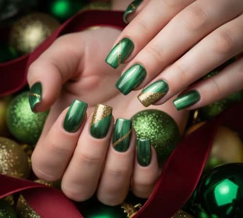12. Green Velvet Cat-Eye Nails with Glitter Accents