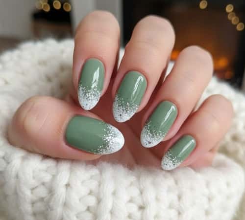 12. Sage Green Nails with White Snowy Tips