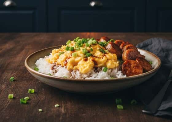 12. Scrambled Egg & Chicken Sausage Rice Bowl