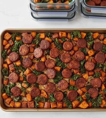 13. Cajun Chicken Sausage with Sweet Potatoes and Kale