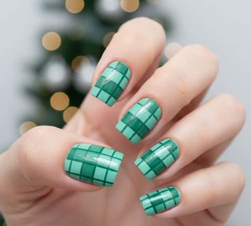 13. Green Checkered Nails with Glossy Finish
