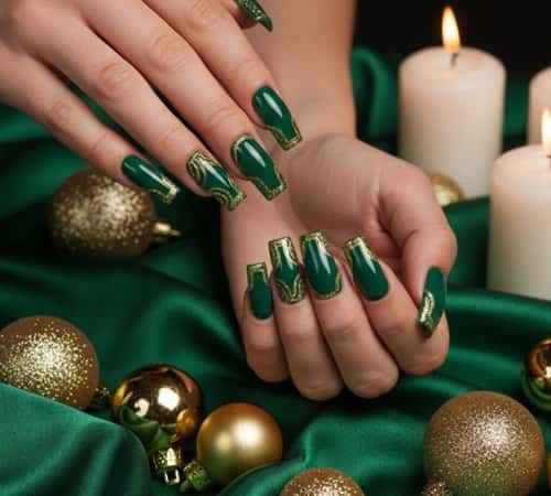 14. Emerald Nails with Gold Glitter Frames