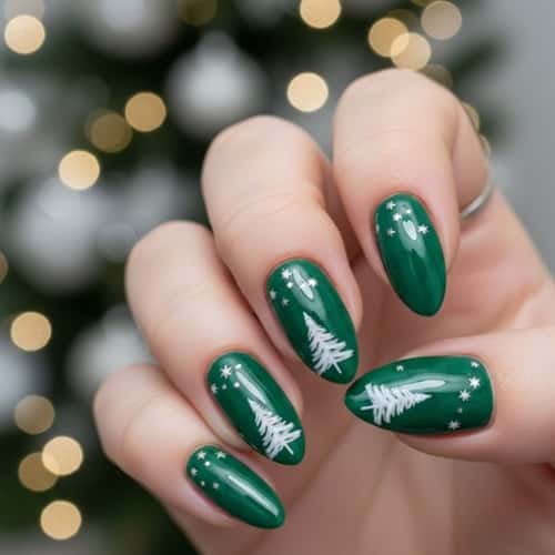 14. Emerald Nails with White Tree Silhouettes