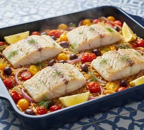 14. Mediterranean Cod with Tomatoes, Olives, and Orzo