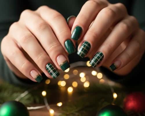 2. Emerald Green Plaid Accent Nails