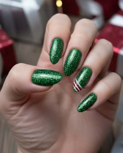 2. Green Glitter Nails with Mini Candy Cane Accents