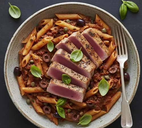 2. Tuna Steak Puttanesca Over Chickpea Penne