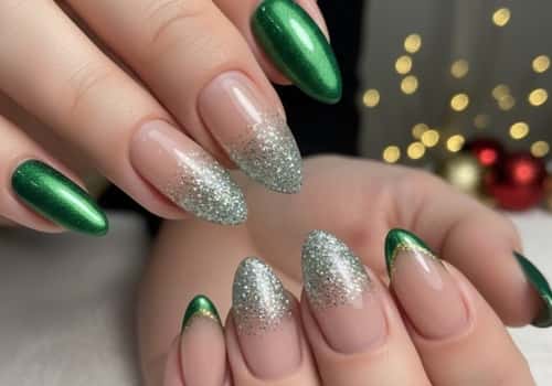 3. Green French Tips with Glitter Fade