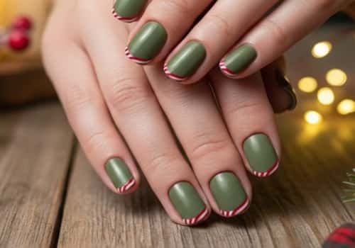 3. Matte Green Nails with Candy Cane Cuticle Stripes