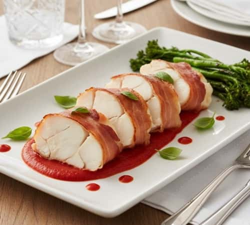 3. Prosciutto-Wrapped Monkfish with Roasted Red Pepper Sauce