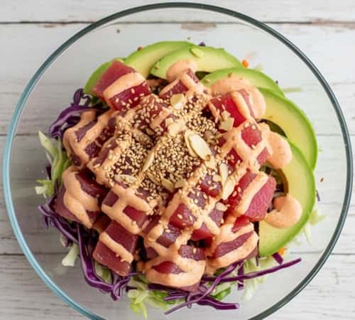 3. Spicy Tuna Poke Bowl with Cottage Cheese Dressing