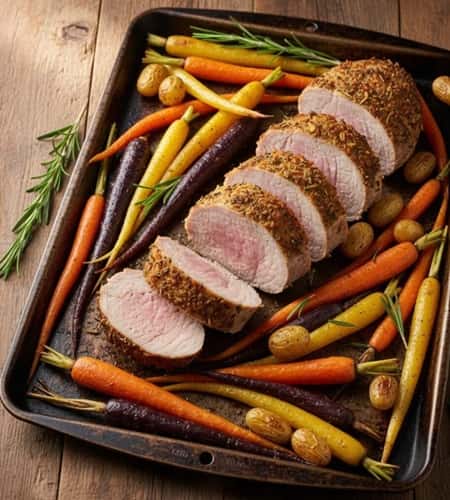 4. Garlic Herb Pork Tenderloin with Rainbow Carrots and Fingerlings