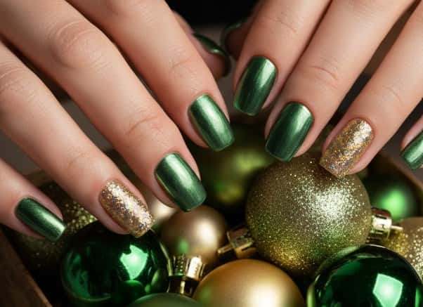 4. Green Chrome Nails with Glitter Accents
