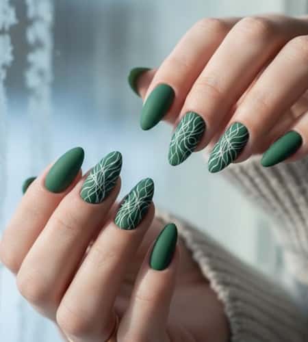 4. Matte Evergreen Nails with White Art Lines
