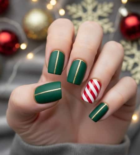 4. Split Nail - Half Green, Half Candy Cane
