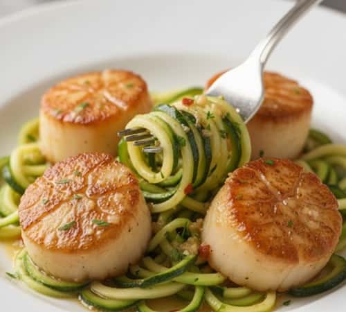 5. Spicy Garlic Butter Scallops over Zucchini Noodles