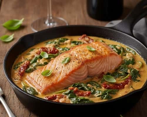 5. Tuscan Butter Salmon with Sun-Dried Tomatoes and Spinach