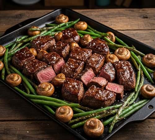 6. Balsamic Glazed Steak Tips with Mushrooms and Green Beans