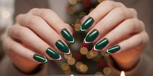 6. Dark Green Nails with Candy Cane French Lines-min
