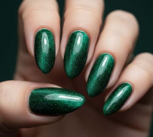 6. Forest Green Velvet Nails (Cat-Eye Effect)