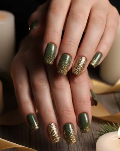 6. Olive Green Nails with Chunky Gold Glitter Tips