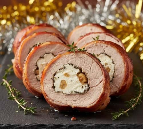 7. Bacon-Wrapped Pork Tenderloin Stuffed with Goat Cheese and Roasted Garlic