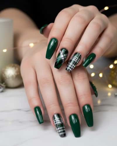 7. Dark Green Plaid Coffin Nails