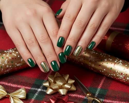 7. Deep Green Glitter Striped Nails