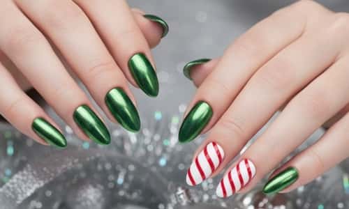 7. Green Chrome Nails with Candy Cane Accent Nail