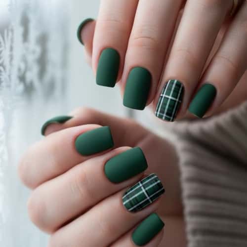 7. Green Plaid Nails with Matte Top Coat