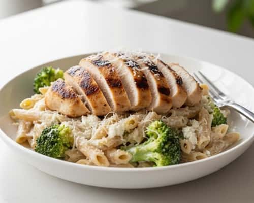 8. Cottage Cheese Alfredo with Grilled Chicken and Whole Wheat Protein Pasta