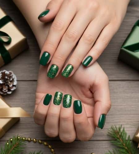 8. Green Glitter Half-Moon Nails