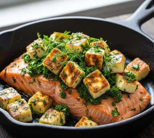 8. Halloumi & Herb-Crusted Salmon Skillet