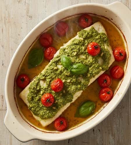9. Baked Halibut with Pesto and Cherry Tomatoes
