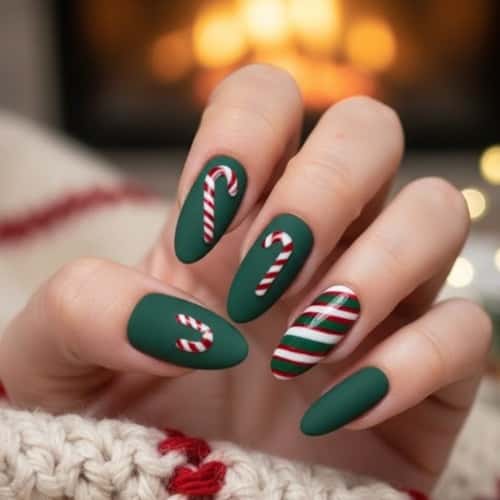 9. Matte Forest Green Nails with Glossy Candy Cane Art