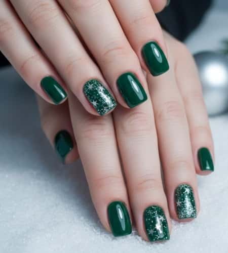 9. Pine Green Nails with Silver Glitter Stars