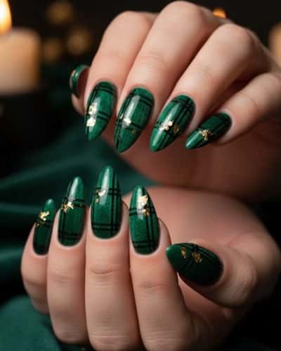 9. Textured Velvet Green Plaid Nails