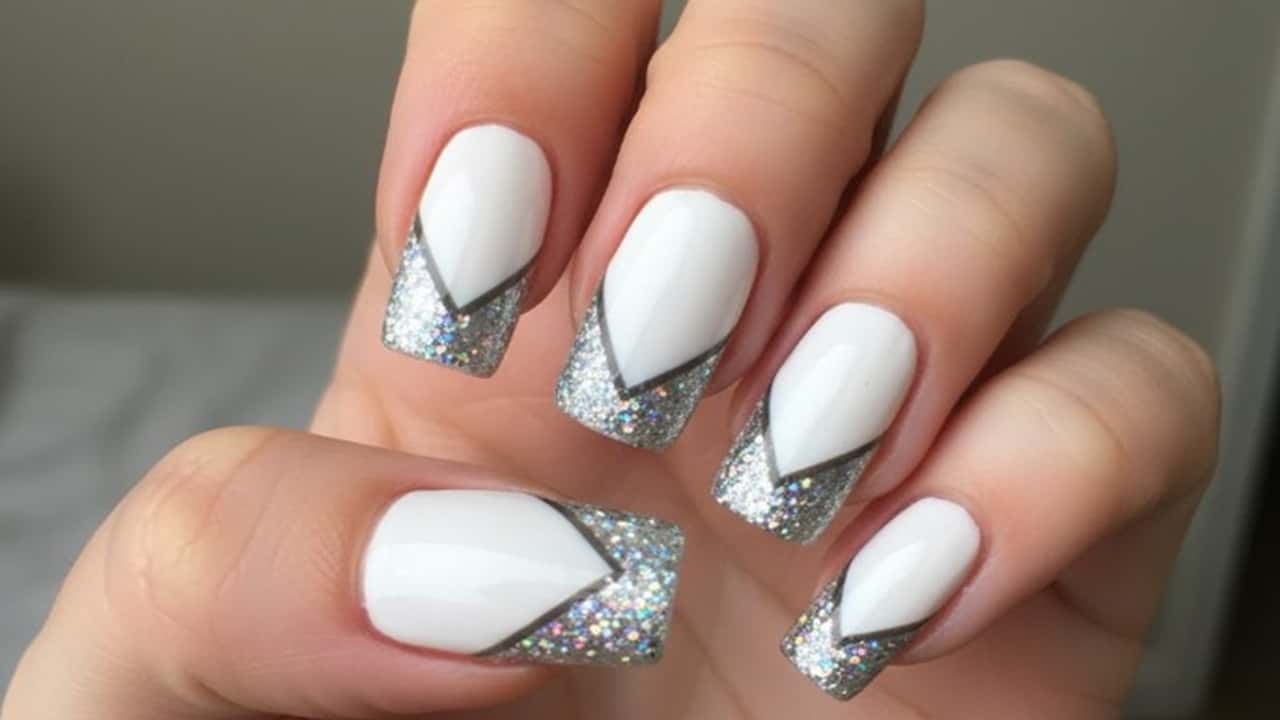 White Winter Nails with Snowflakes and Glitter - featured